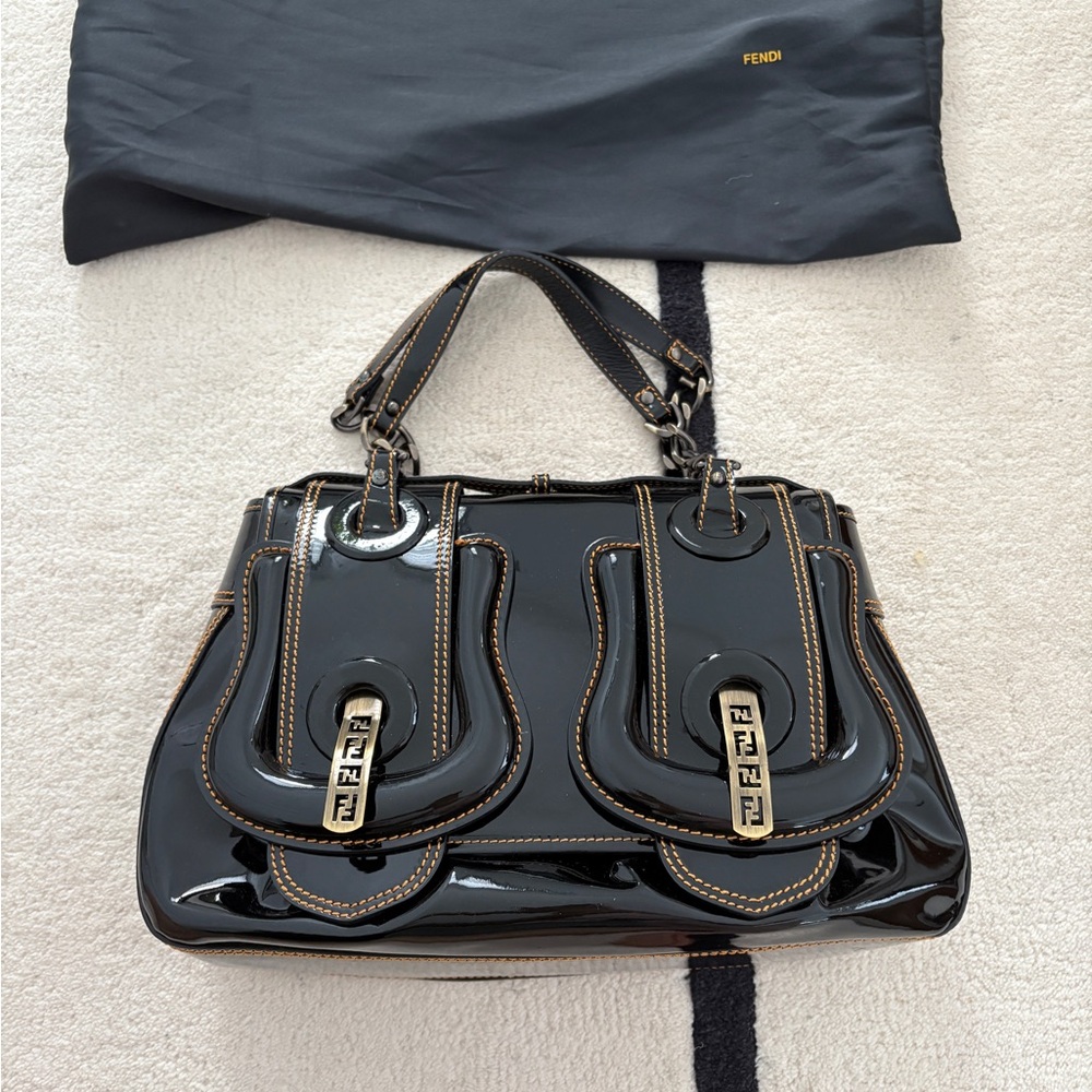 Fendi Glossy Black Satchel with Gold Accents